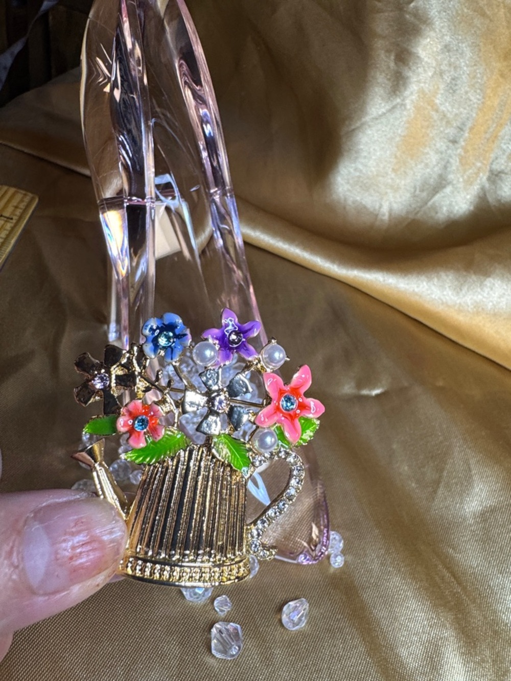 Gold Watering Can Floral Brooch with Multicolor Enamel Flowers - Picture 3 of 3
